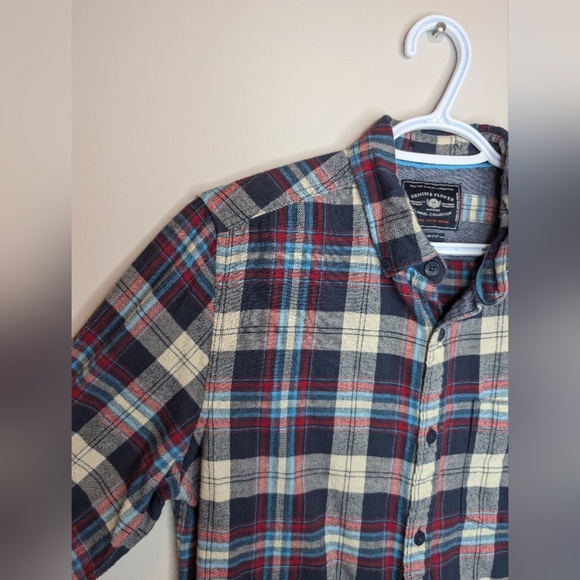 Denim & Flower Flannel Collection Plaid Button Down Blue Red White Mens Slim M - Picture 8 of 8